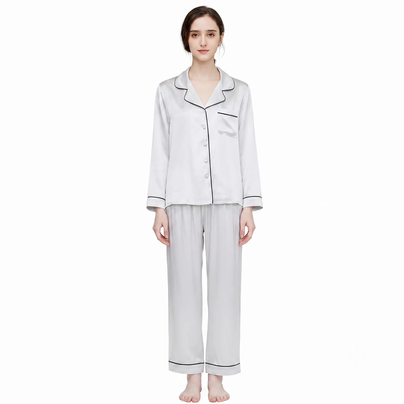 19 momme mulberry silk long sleeve pajama set with contrast piping for private label sleepwear brands