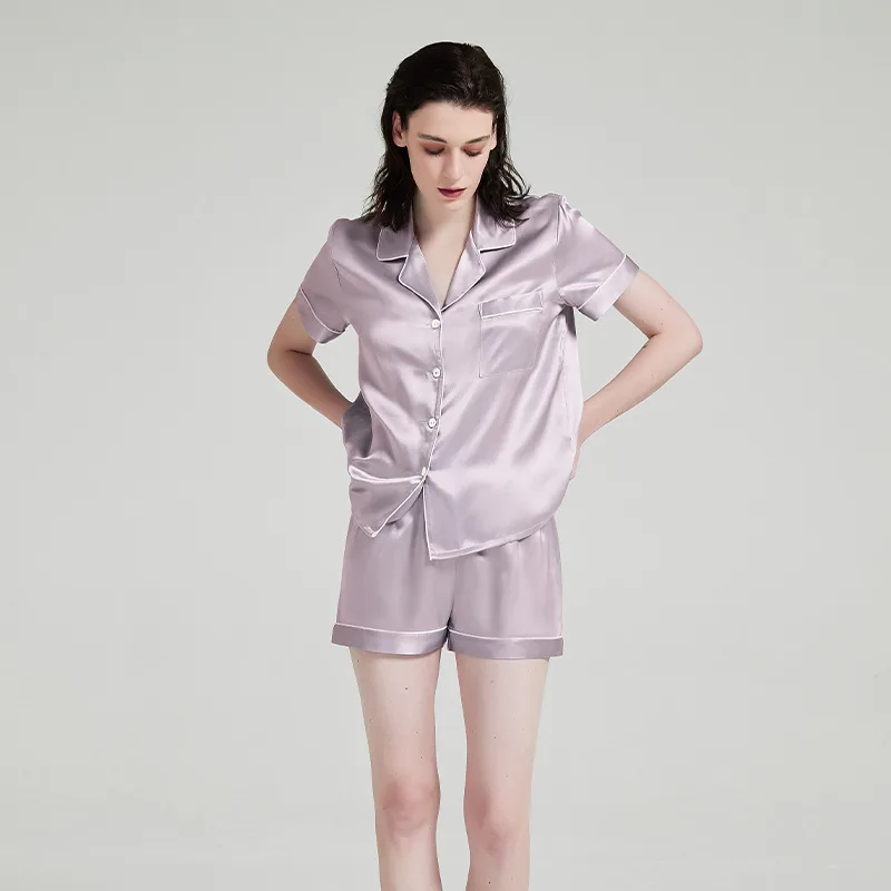 Blush short sleeve button-front custom silk pajama style with contrast piping for private label sleepwear brands