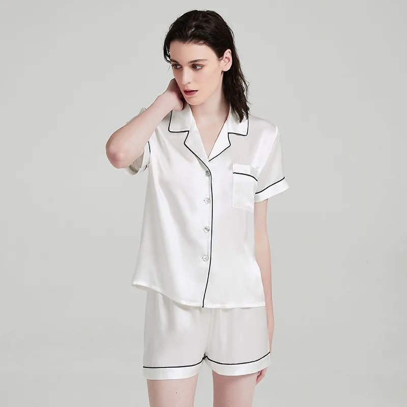 White short sleeve custom silk pajama set with black piping for private label sleepwear brand color review