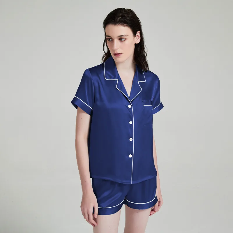 Navy short sleeve pajama set with white piping for private label sleepwear brand color review