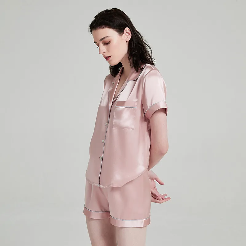 Light pink short-sleeve pajama set with contrast piping for private label sleepwear color variant review
