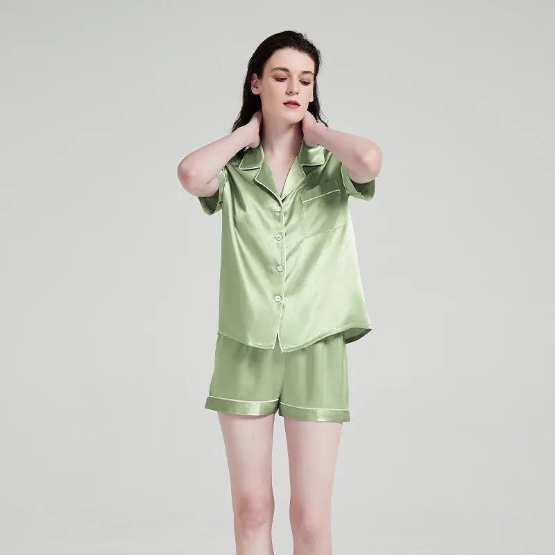 Green short-sleeve pajama shorts set color variant for private label sleepwear brand sampling and customization review