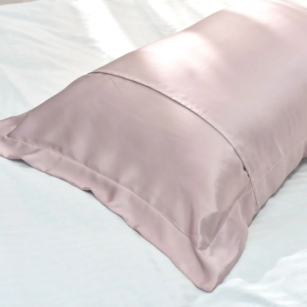 Dusty pink custom silk pillowcase with envelope flap back detail for private label hair and sleep care lines