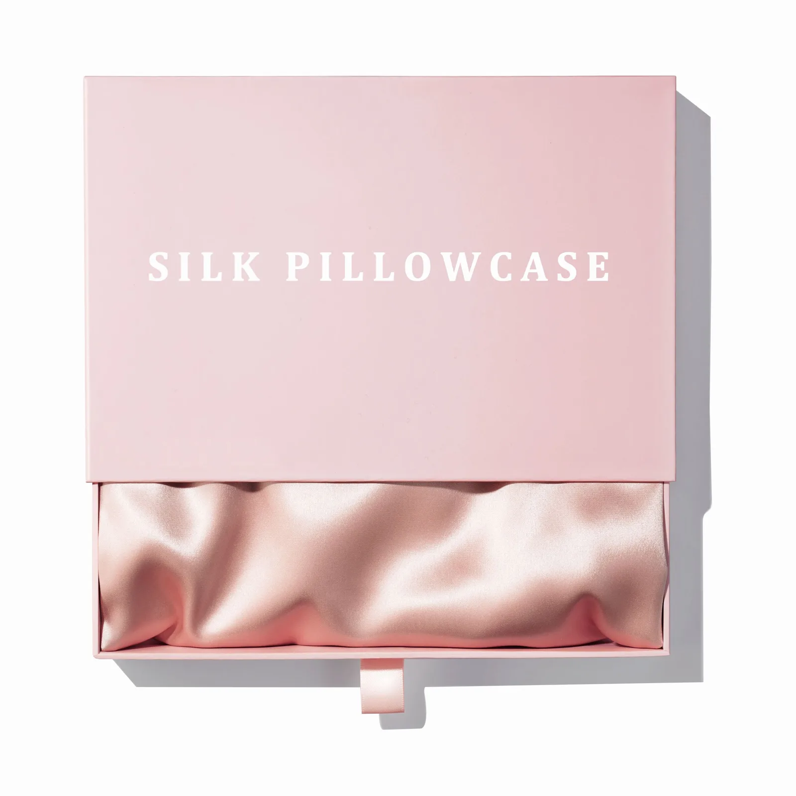 Pink branded gift box packaging for custom silk pillowcases, showing private label presentation for premium hair and sleep care lines