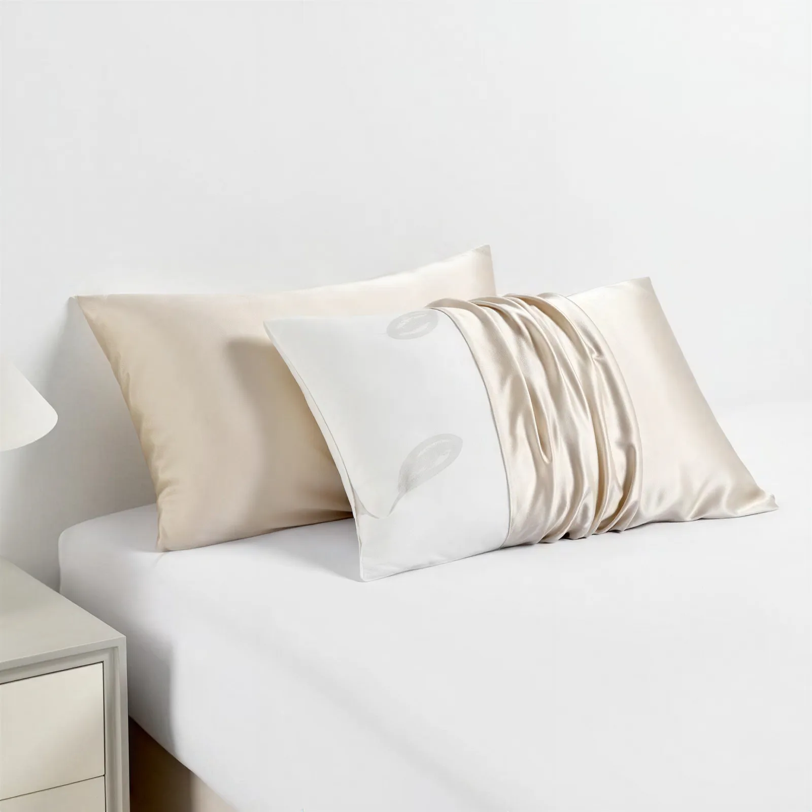 Champagne and white custom silk pillowcase display for private label hair and sleep care bedding collections