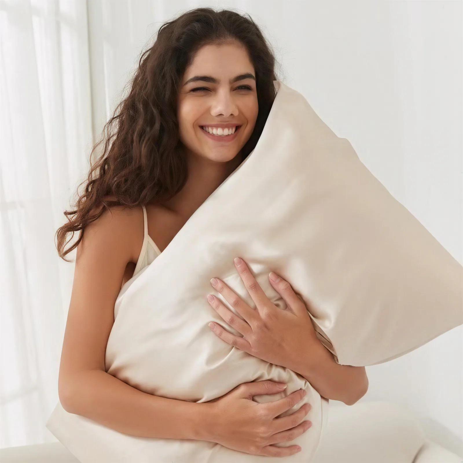 Champagne-tone custom silk pillowcase lifestyle image for private label beauty sleep and hair care brands