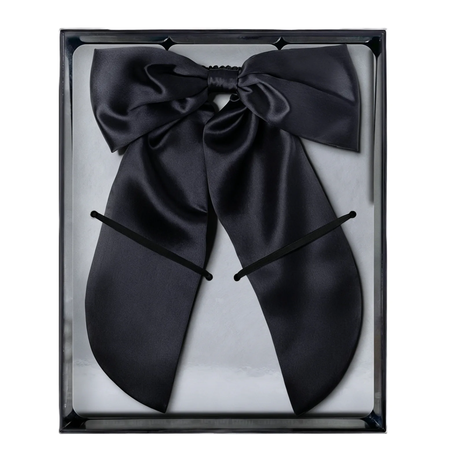 Black custom silk bow scrunchie in clear gift box for private label hair accessory and gift set brands