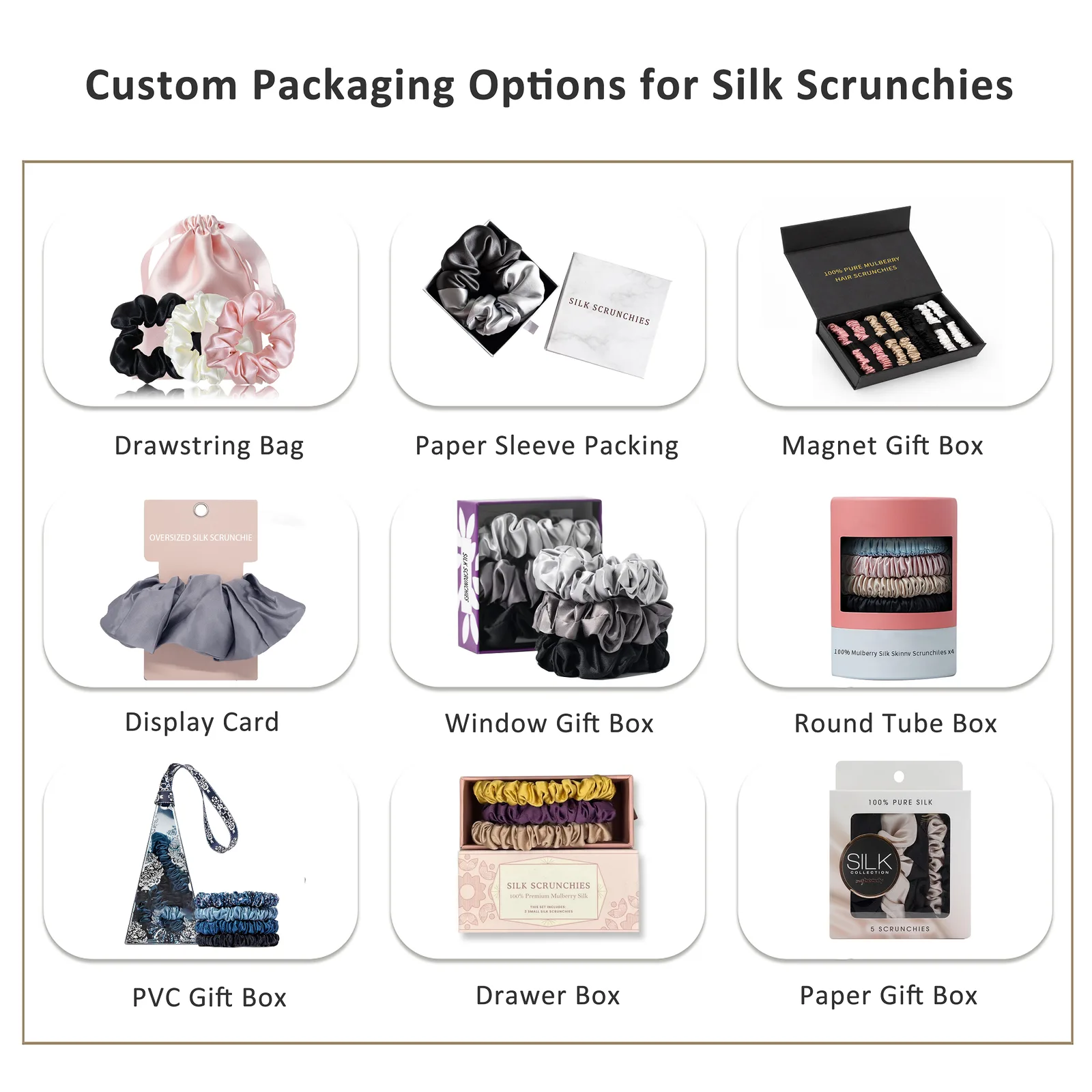 Custom packaging options chart for private label silk scrunchies, showing drawstring bags, display cards, and gift boxes for retail-ready hair