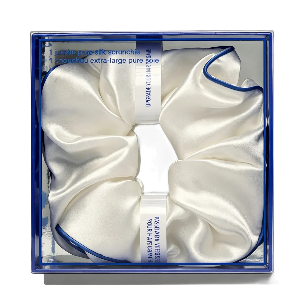 Oversized ivory silk scrunchie with blue piping in clear gift box packaging for private label hair accessory brands