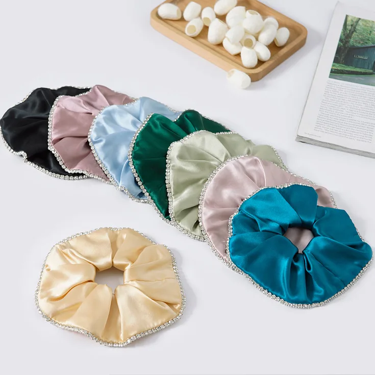 Private label silk scrunchie color set with rhinestone trim for hair accessory and gift brand sampling