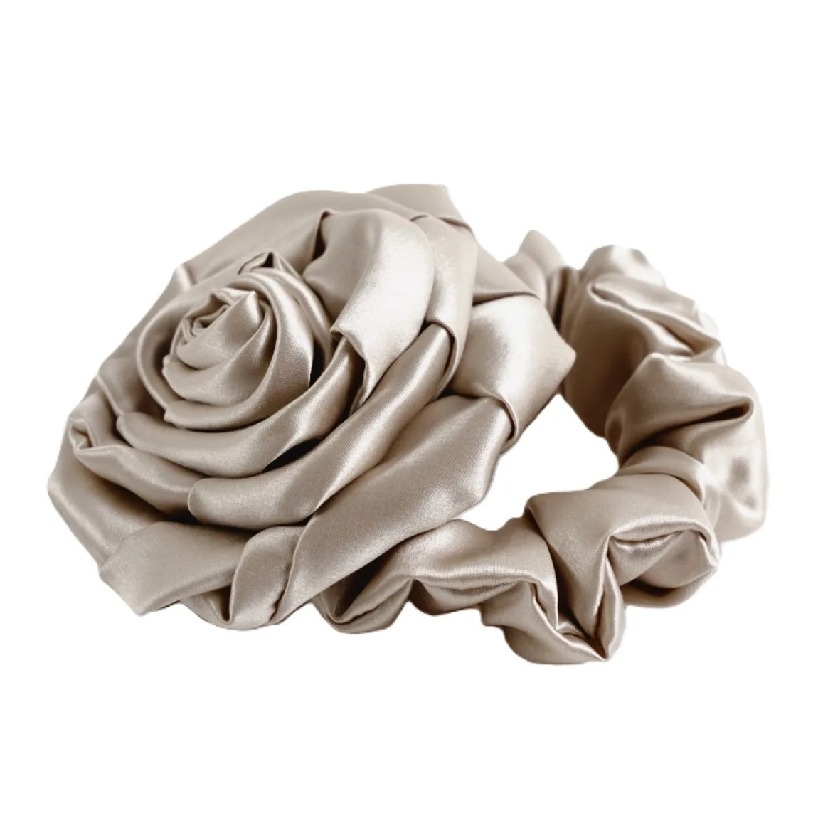 Detail view of ivory 3D rose custom silk scrunchie for private label hair accessory and gift set brands