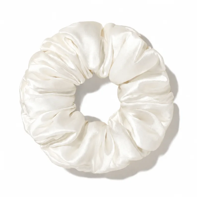 Ivory glossy scrunchie detail for custom silk gift set and private label beauty programs