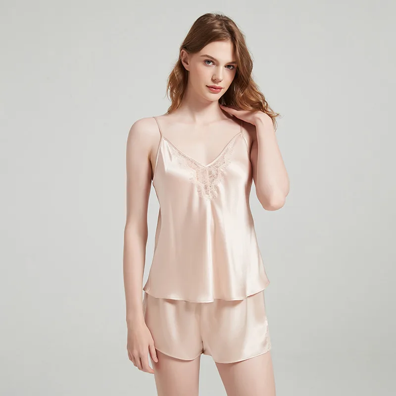 Blush camisole and shorts custom silk pajama style with lace trim for private label sleepwear brands