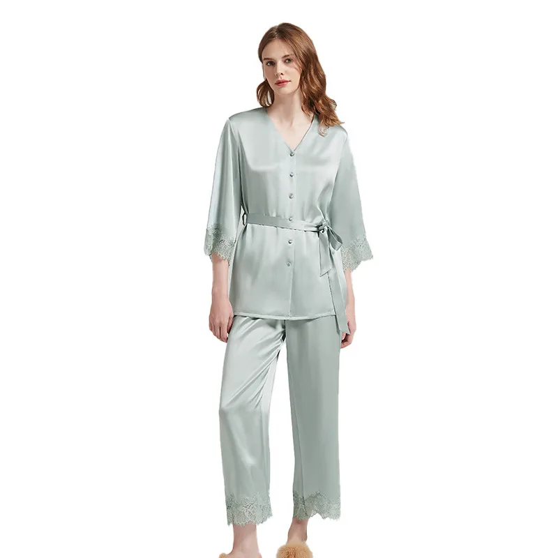 V-neck lace-trim 19 momme silk pajama set with tie waist for private label sleepwear brands