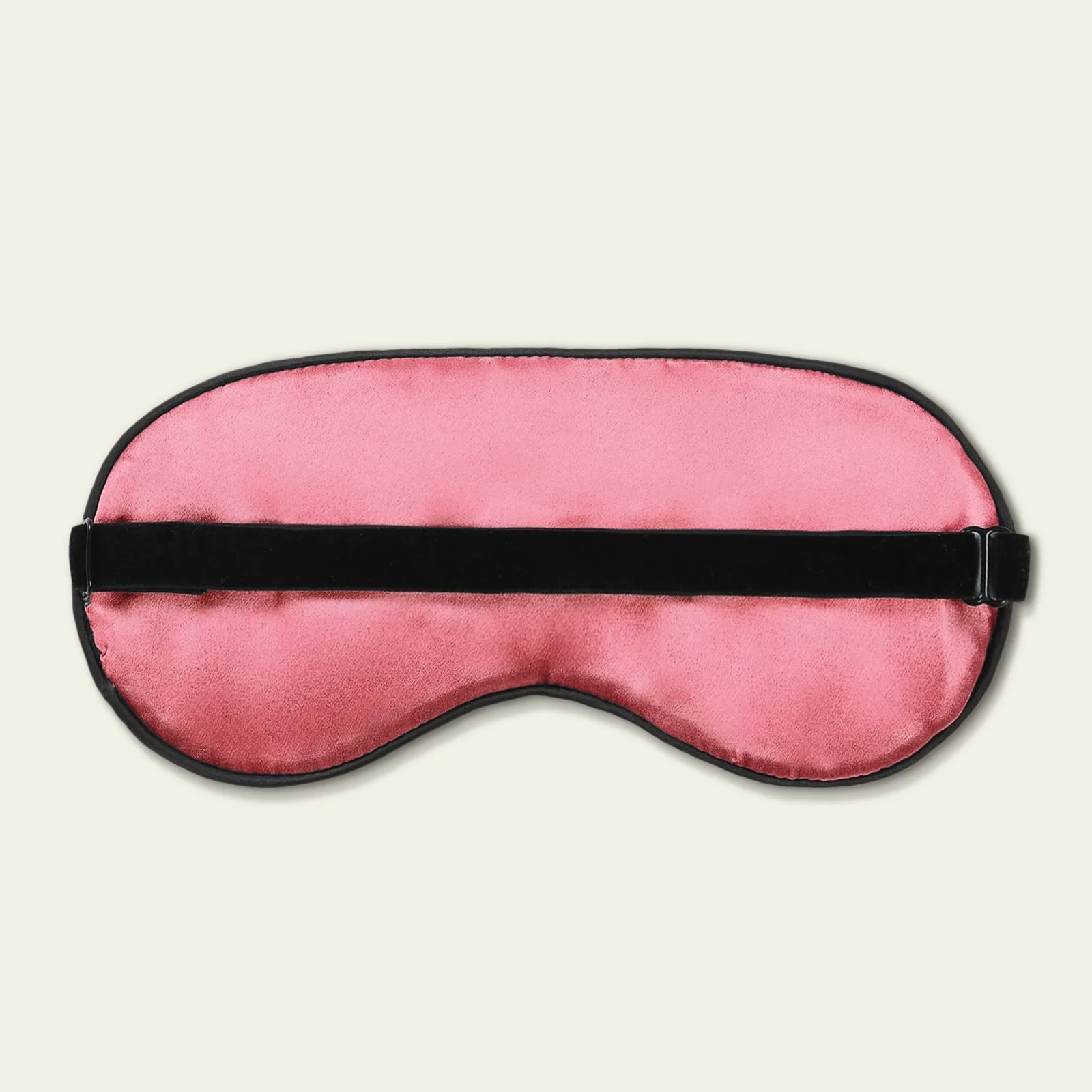 Pink satin-finish sleep mask with black elastic strap for private label silk gift box assortment review