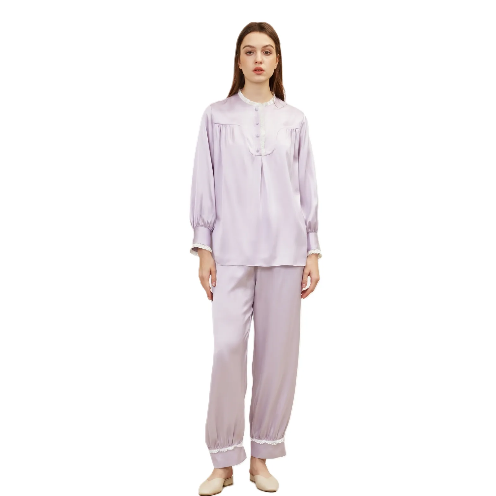 Vintage lace trim mulberry silk loungewear set with pastel color direction for private label sleepwear brands