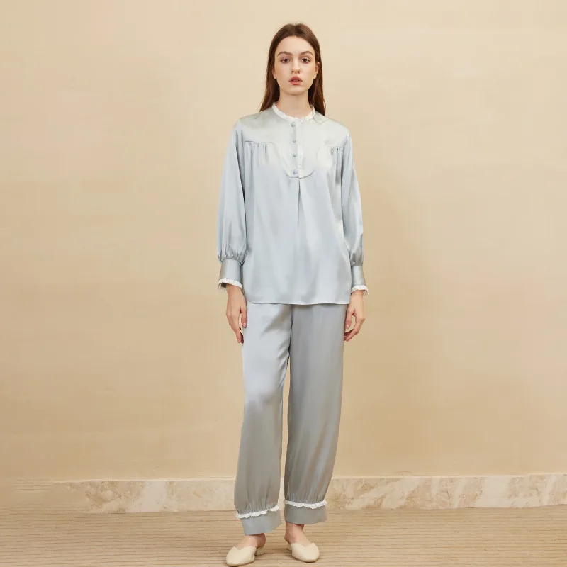 Light silver long-sleeve custom silk pajama set color variant for private label sleepwear brand review