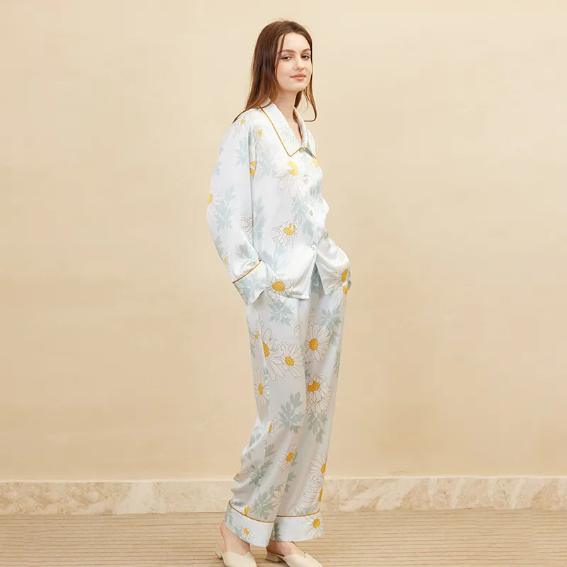 Custom silk pajama set with floral print and contrast piping for private label sleepwear brand sampling
