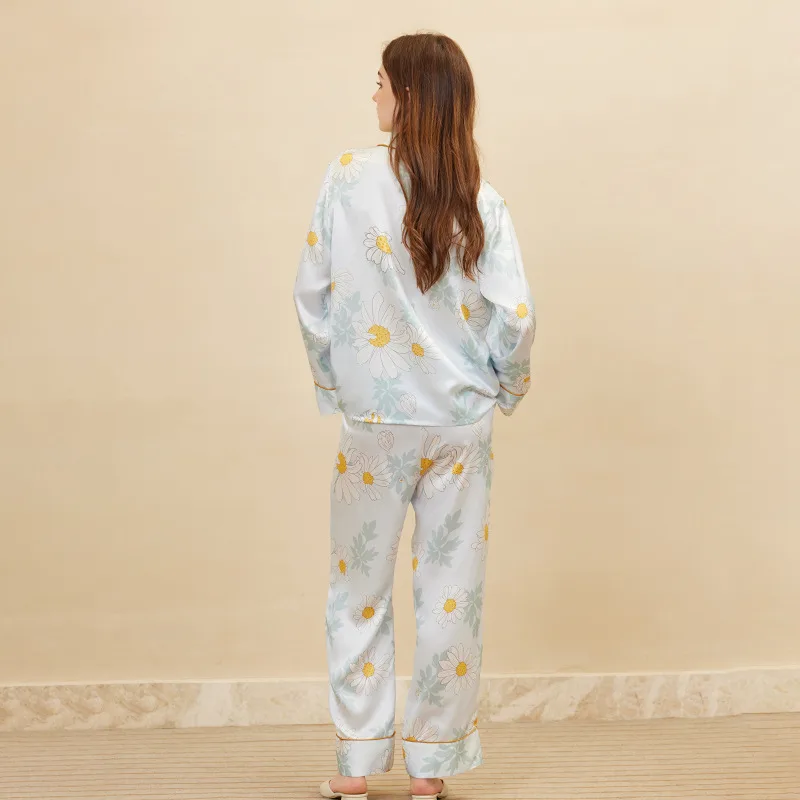 Back detail view of floral custom silk pajama set for private label sleepwear brand style review