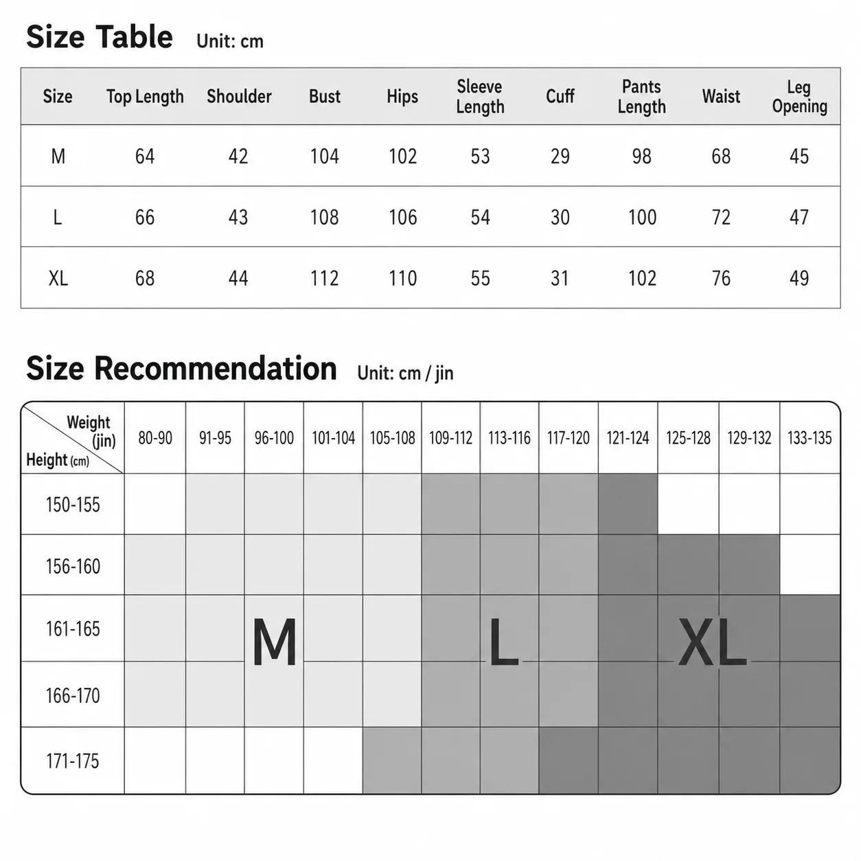 Size table and fit recommendation chart for custom silk pajamas in private label sleepwear development