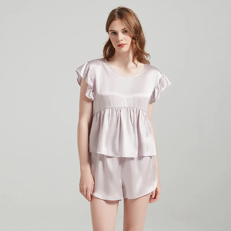 Pale pink ruffle sleeve pajama short set color variant for custom silk pajamas private label sleepwear brands