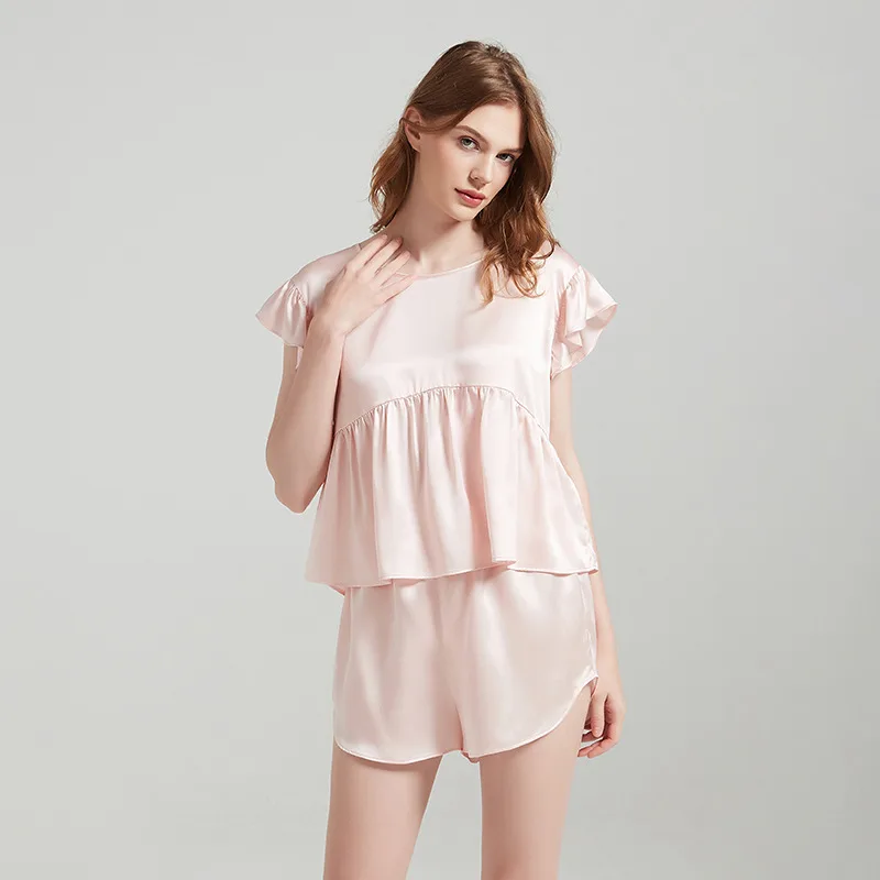 Blush pink short-sleeve silk pajama set with ruffle top for private label sleepwear color review
