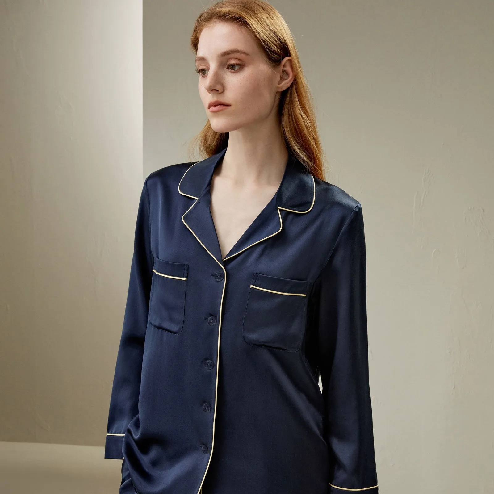 Navy silk-style pajama shirt with contrast piping for private label loungewear and premium gift set programs