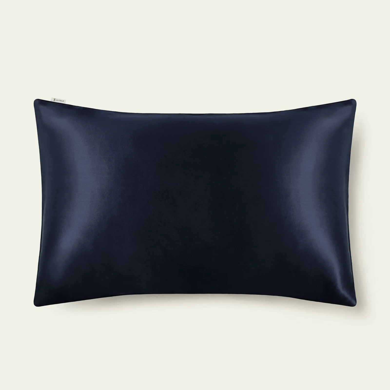 Navy pillowcase detail with side brand label for private label silk gift set and beauty retail programs