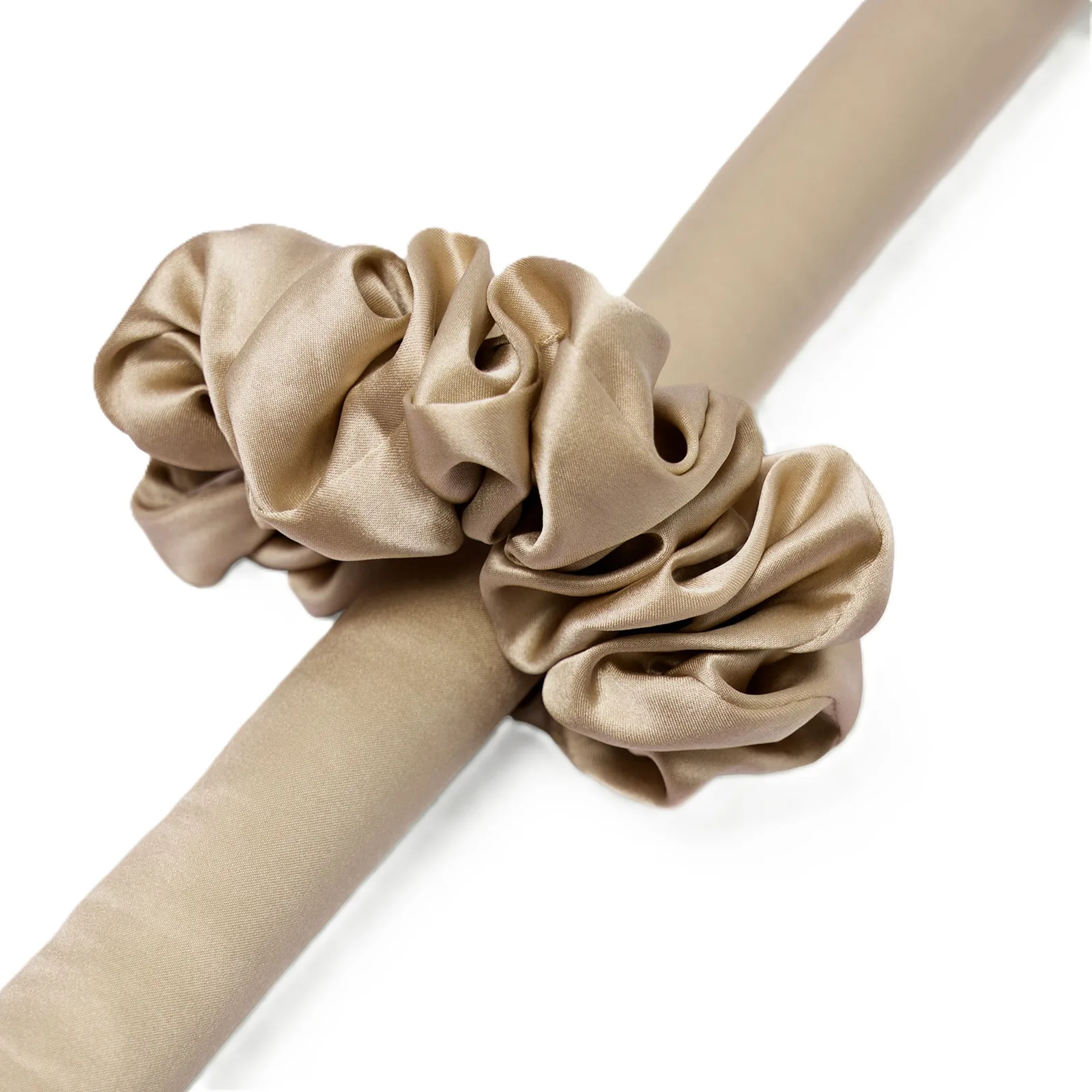 Detail view of champagne silk scrunchies in a silk care gift set for private label hair care and beauty brands
