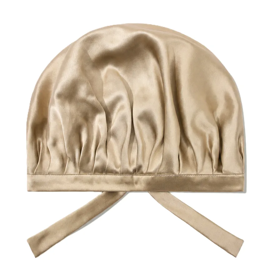 Champagne silk care bonnet with tie straps for private label silk care gift set customization