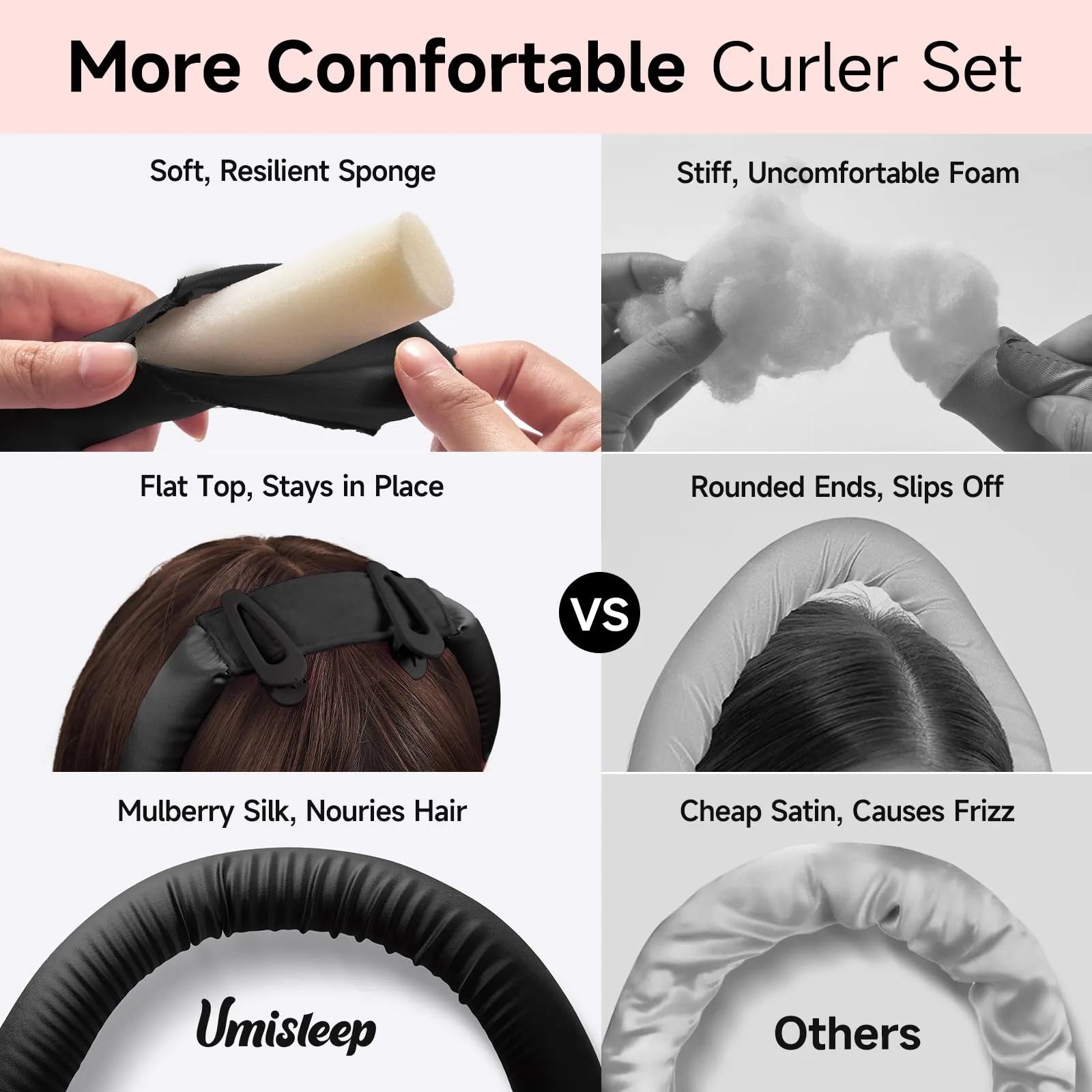 Comparison graphic for a black flat-top silk heatless hair curler set showing a resilient core and secure clip fit for private label beauty programs