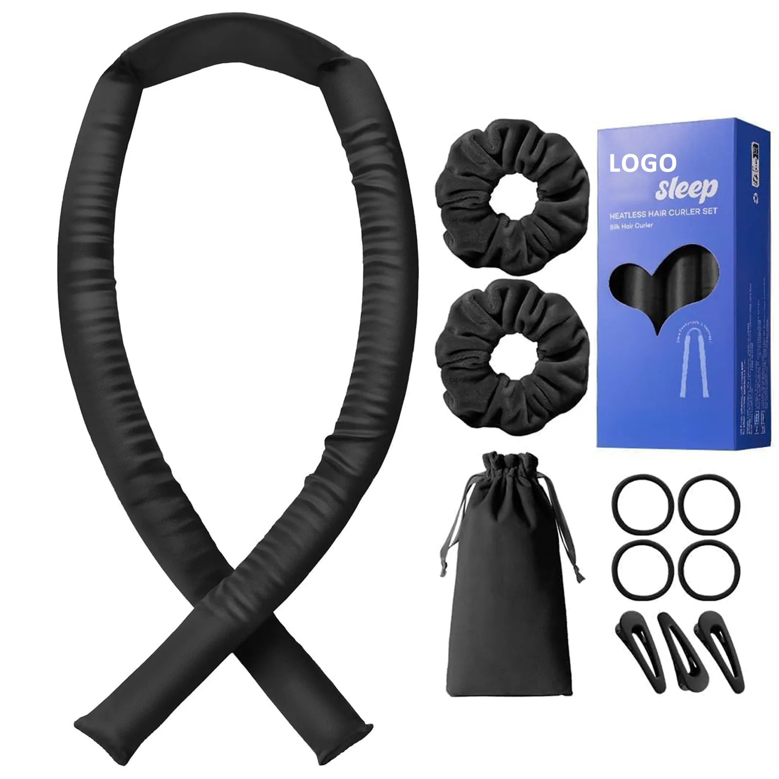 Private label heatless hair curler set packaging with printed retail box, display window, drawstring pouch, and SKU-ready presentation for beauty