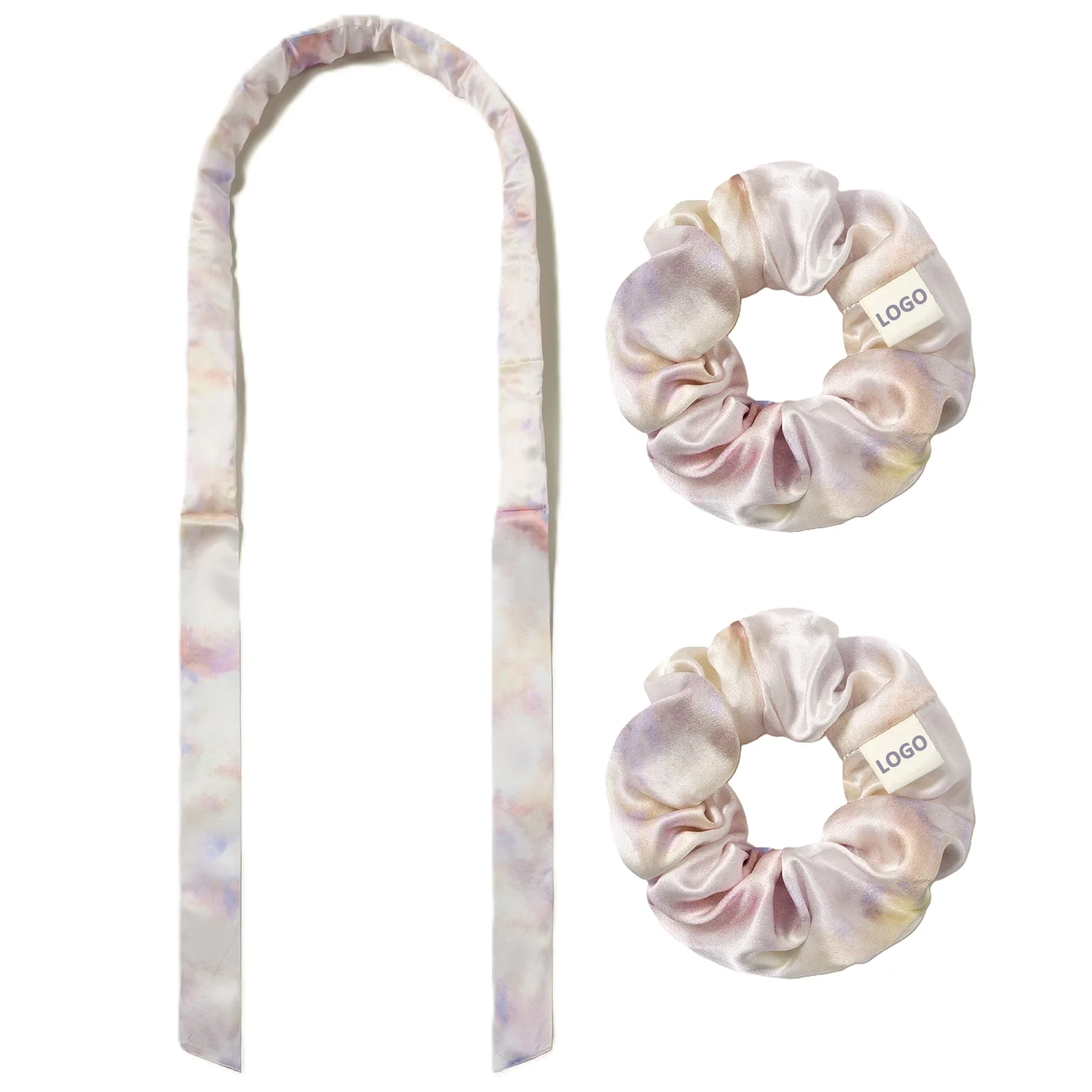 Pastel printed silk scrunchies with custom logo label and matching ribbon tie for private label hair accessory collections