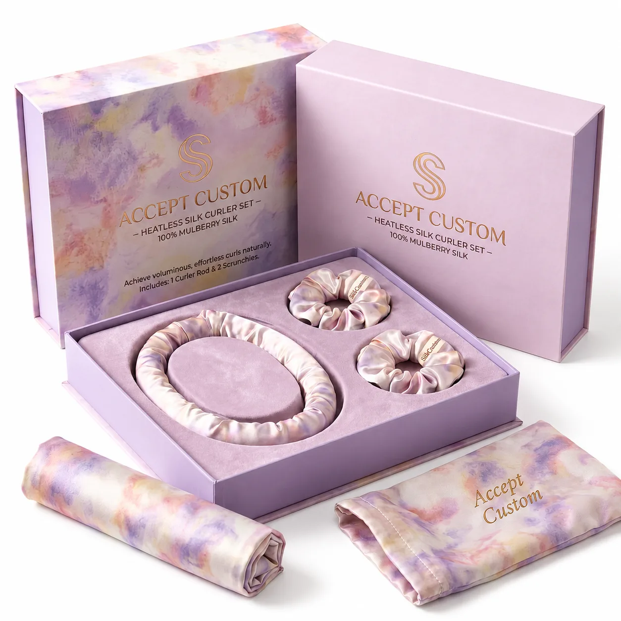 Private label silk scrunchies and heatless curler gift tray packaging with custom logo box for retail sets