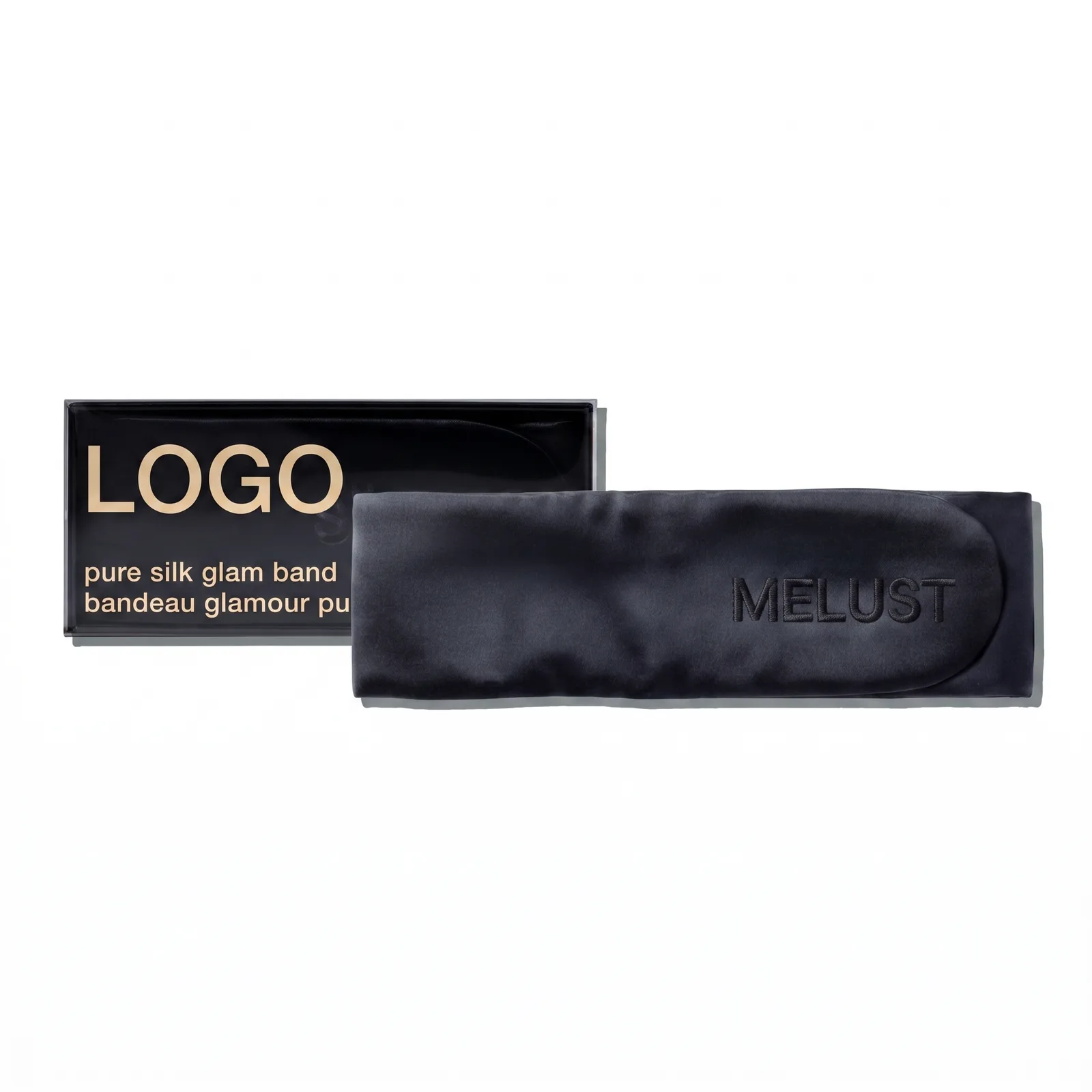 Custom wide silk headband with tonal embroidered logo and branded gift box packaging for private label beauty brand programs
