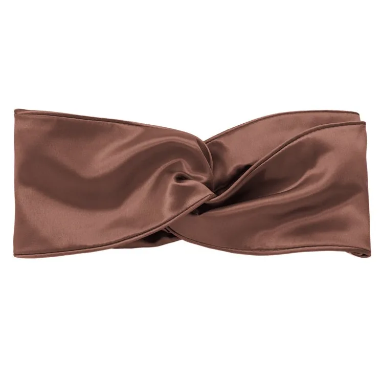 Brown knotted silk headband detail for private label custom silk headbands with stitched edges and smooth finish