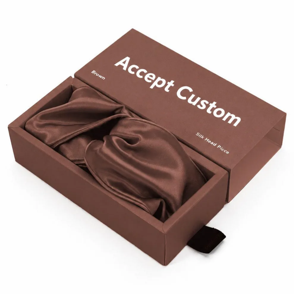Brown drawer gift box packaging for custom silk headbands with matching knotted headband and private label logo placement for brand review