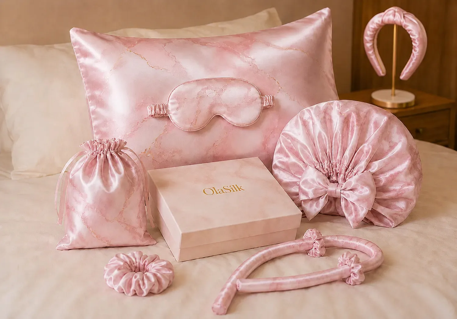 Référence de coffret cadeau en soie rose en marque blanche avec taie d’oreiller, masque de sommeil, pochon, chouchou, boucleur sans chaleur, bonnet de nuit et boîte brandée