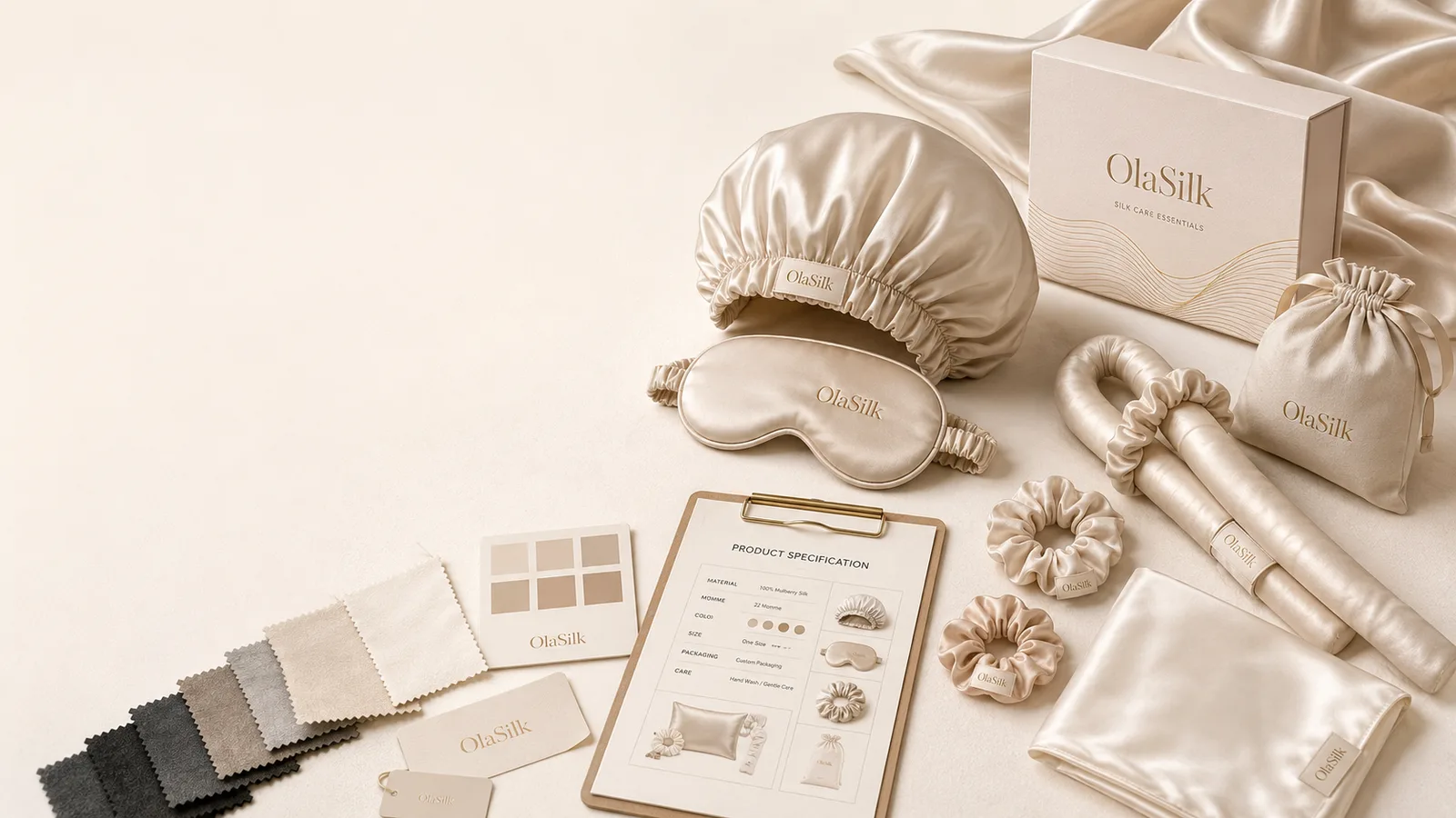 Référence neutre d’essentiels d’entretien de la soie avec bonnet de nuit, masque de sommeil, chouchous, boucleur sans chaleur, taie d’oreiller, nuanciers et packaging personnalisé