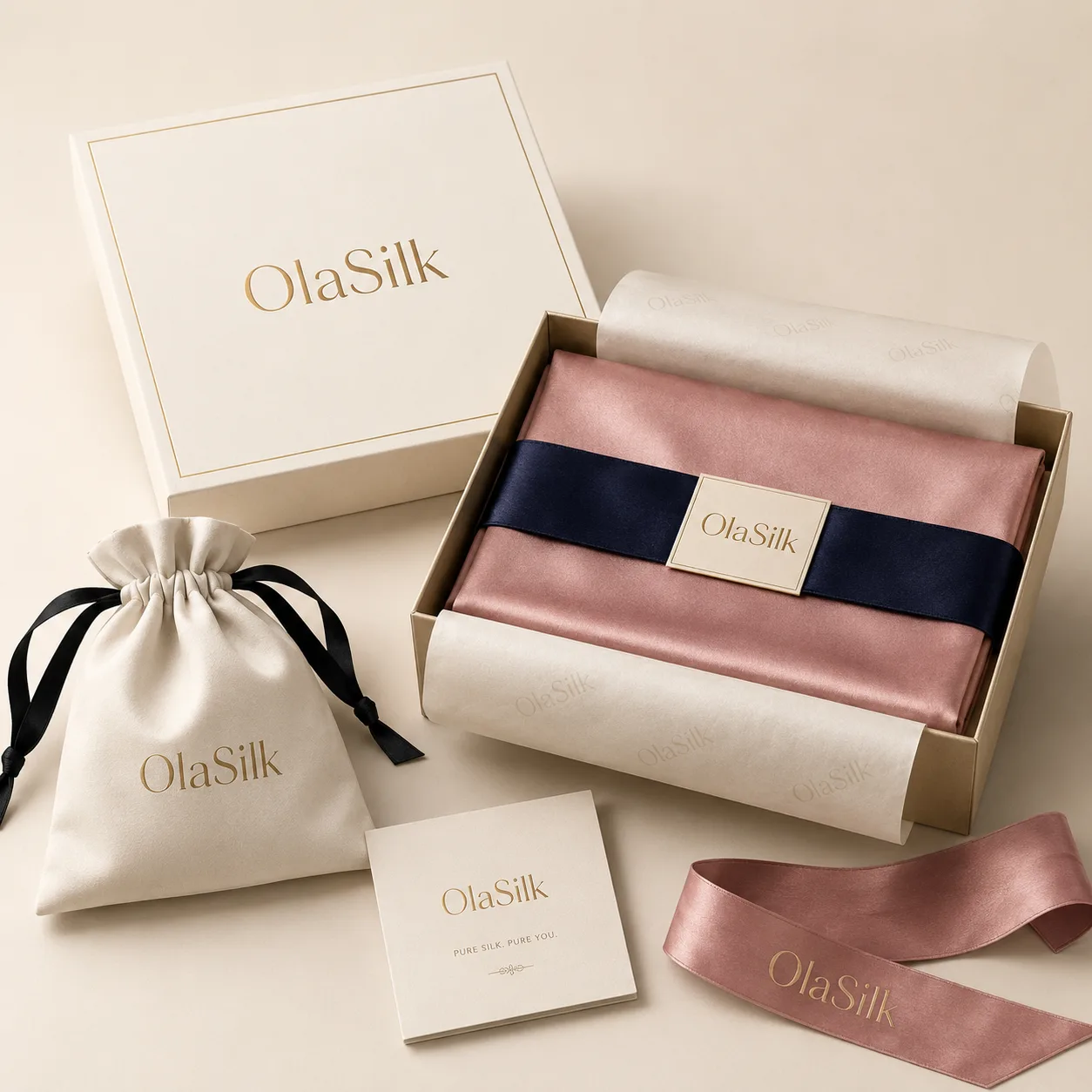 Private label custom silk headband packaging with branded gift box, drawstring pouch, tissue wrap and logo ribbon for beauty and hair accessory brands