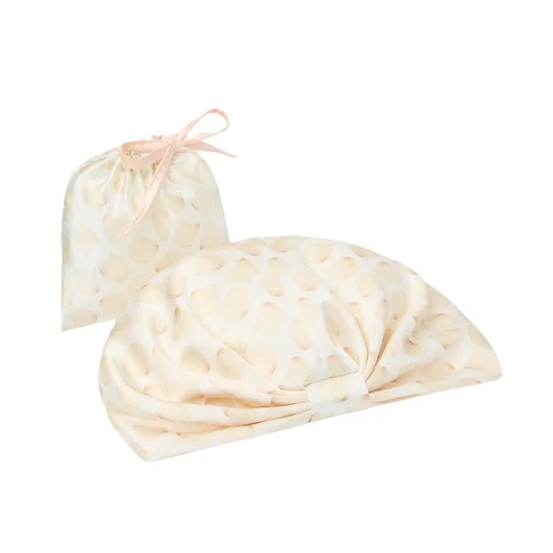 Private label round silk sleep cap packaging set with branded gift box, drawstring pouch, care cards, hang tags, and color swatches for hair care and