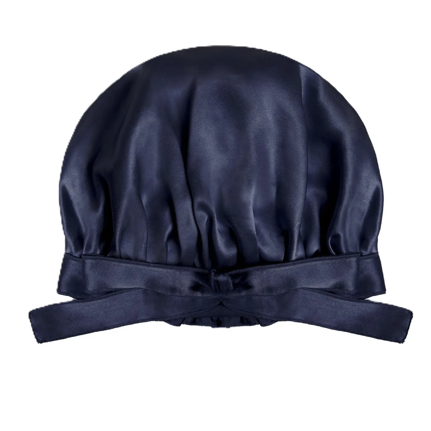 Large-dome double-layer silk sleep cap with ribbon bow tie closure shown in navy and black for private label hair care and wig brand programs