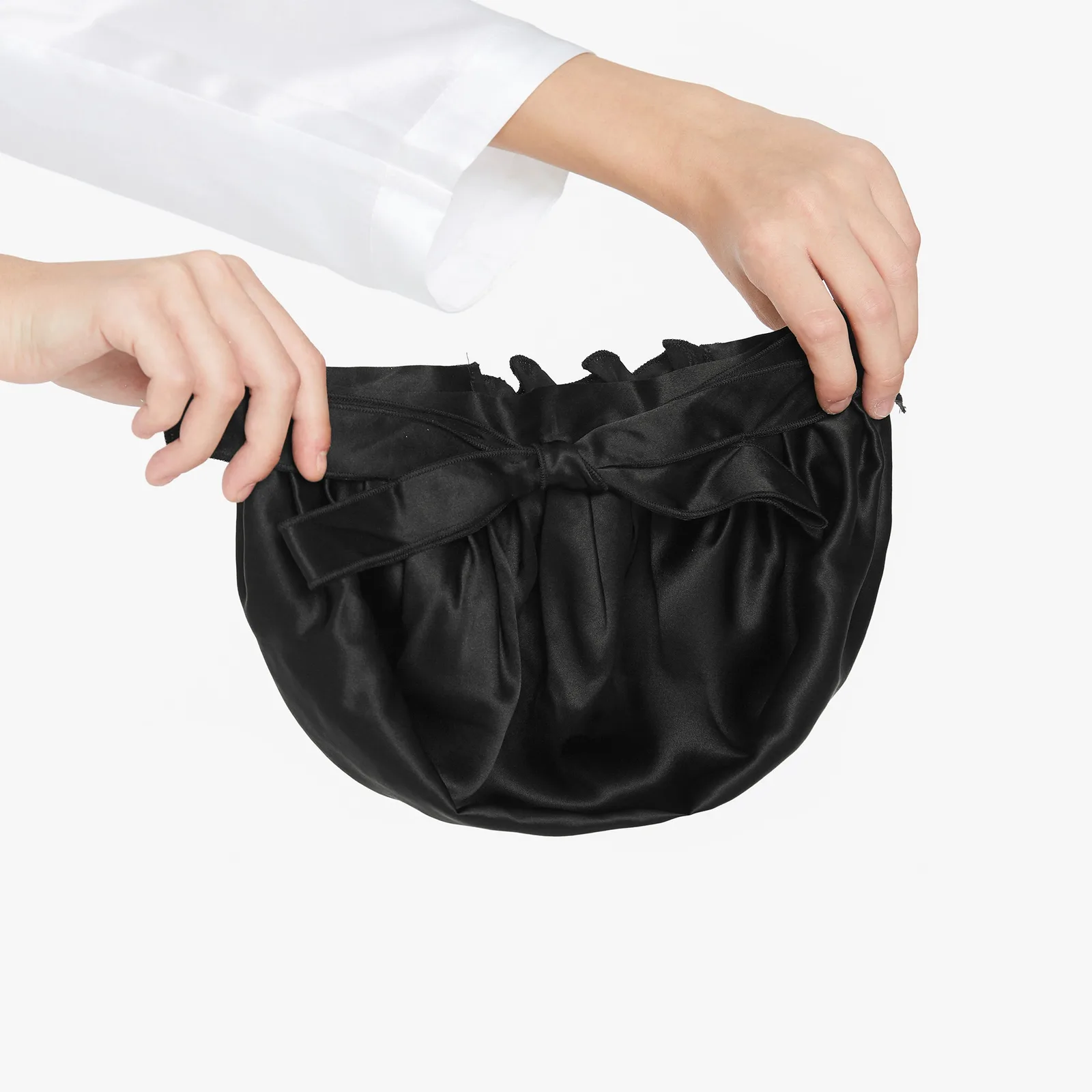 Black custom silk sleep cap shown from back for private label hair care and beauty brand collections