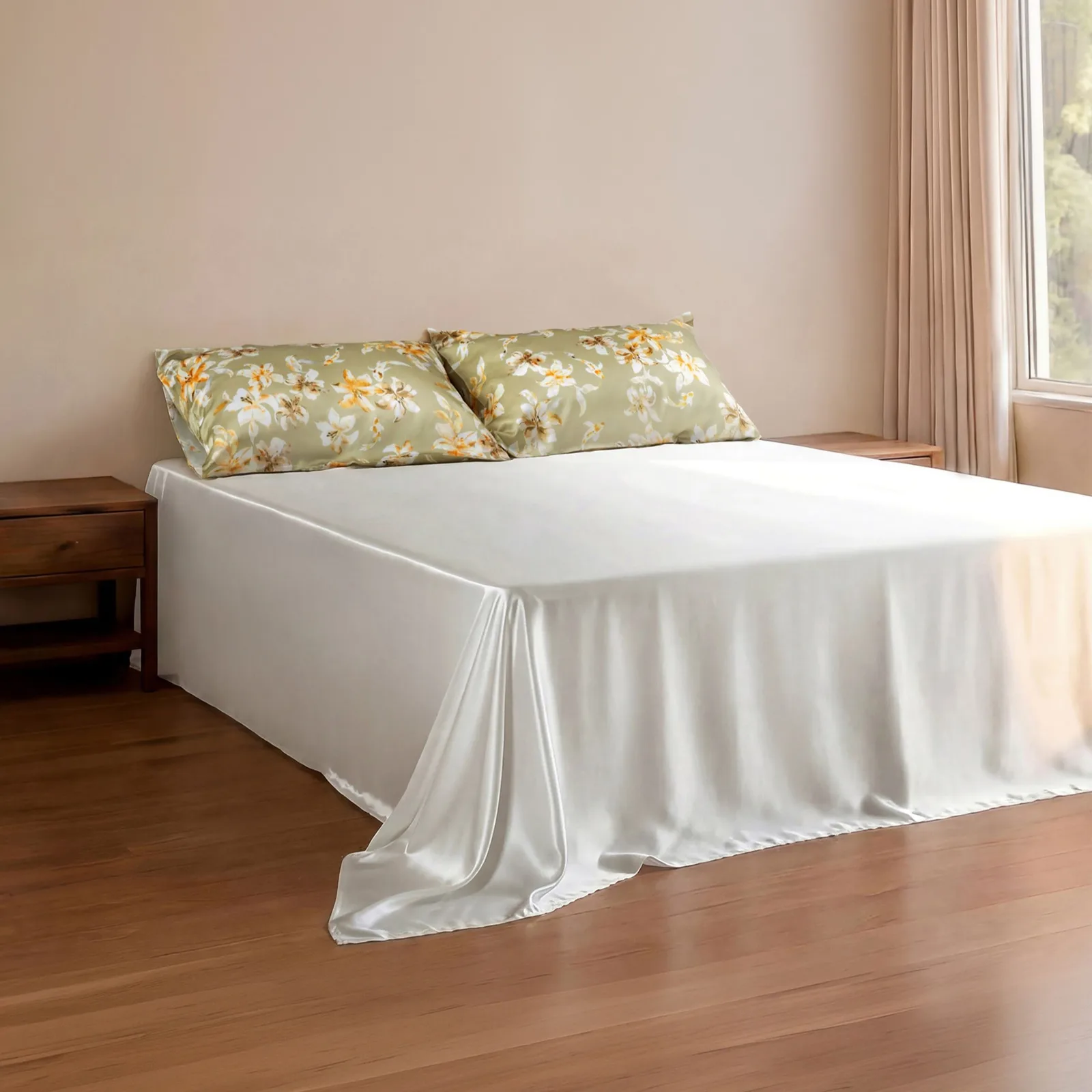 Custom silk bedding style with white draped sheet and sage floral pillowcases for private label home and hotel collections