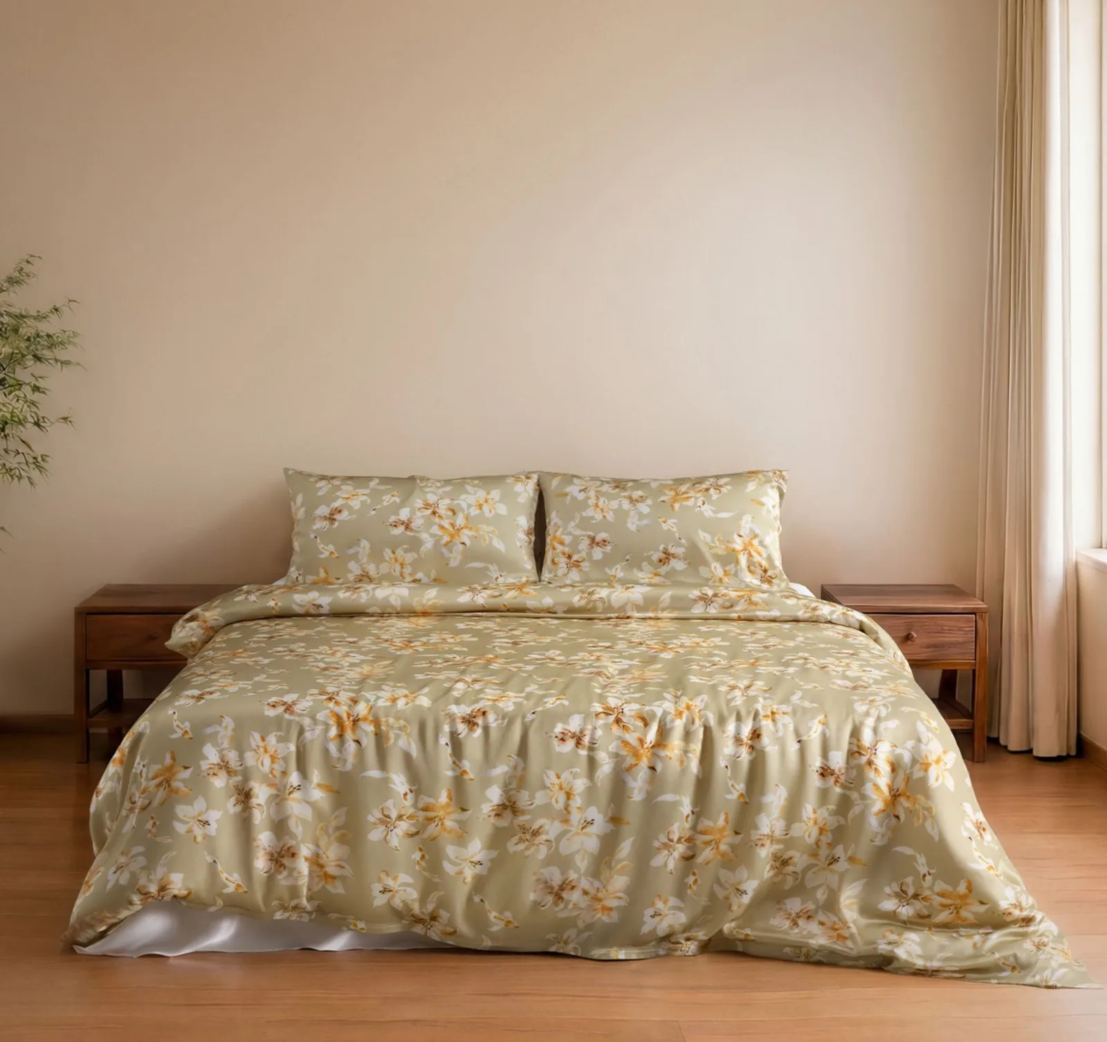 Aureate Flow floral silk charmeuse bedding set with coordinated duvet cover, flat sheet, and envelope pillowcases for private label bedding programs