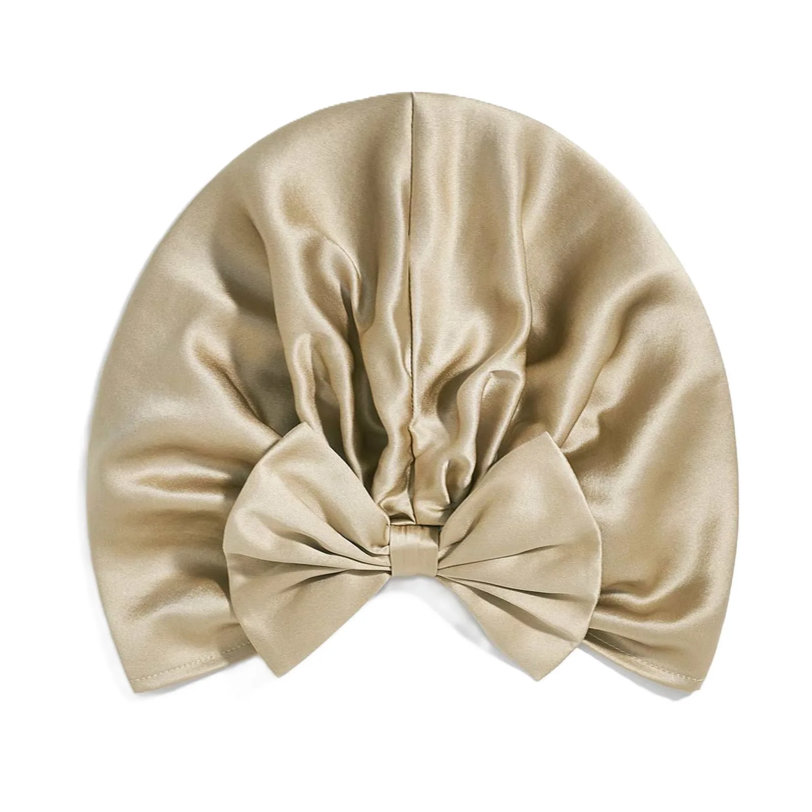 Champagne gold silk sleep cap with structured front bow and turban silhouette for private label hair care and beauty brands