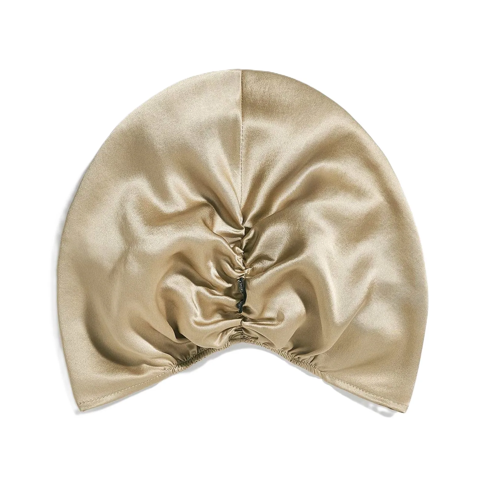 Champagne custom silk sleep cap detail with gathered elastic back for private label hair care and beauty brands