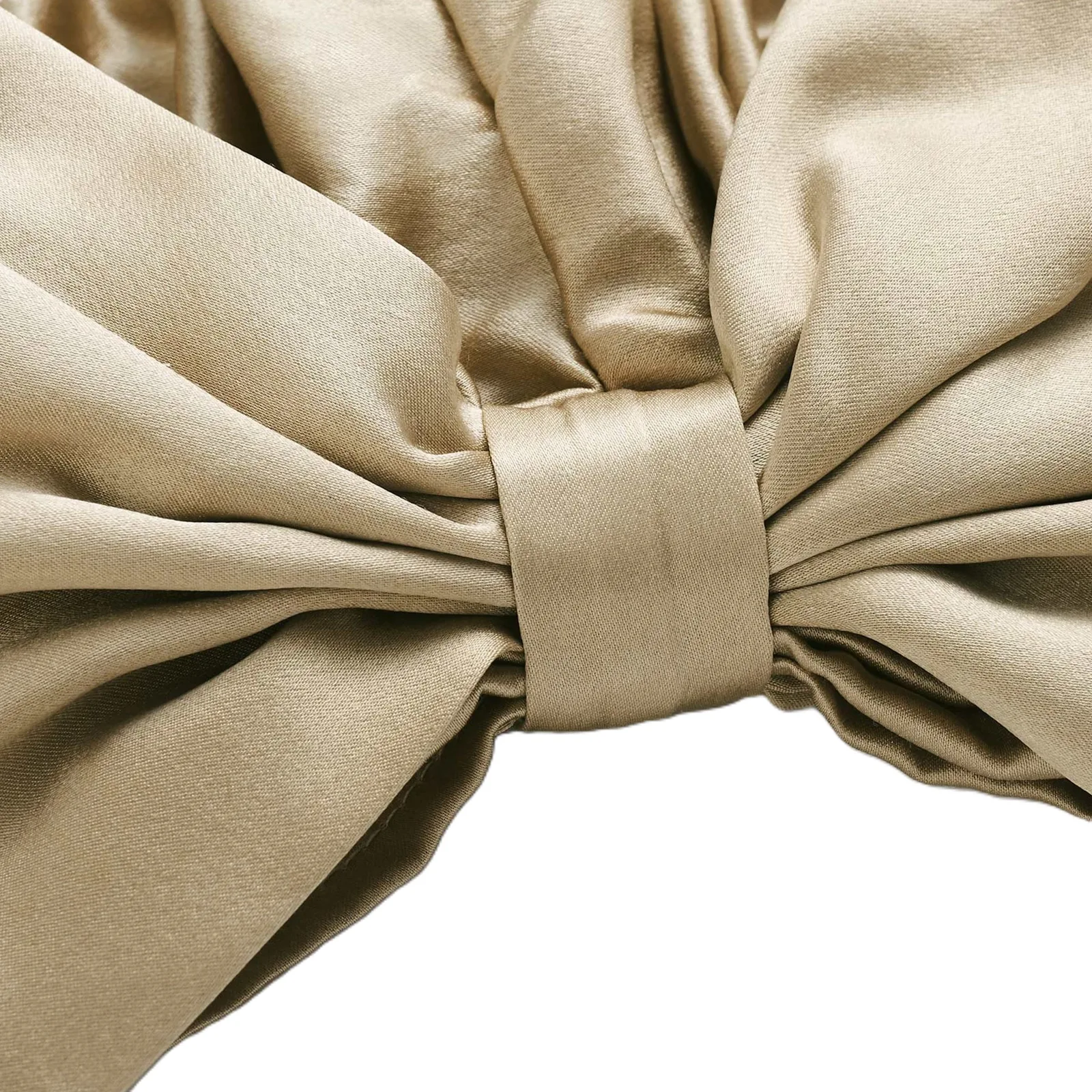 Detail view of custom silk sleep cap with gathered wrap band for private label hair care and beauty brands