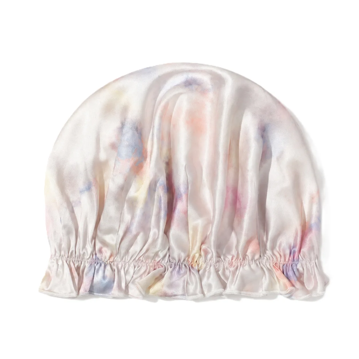 Pastel watercolor tie-dye silk charmeuse sleep cap with ruffle trim and elastic band for private label hair care brands
