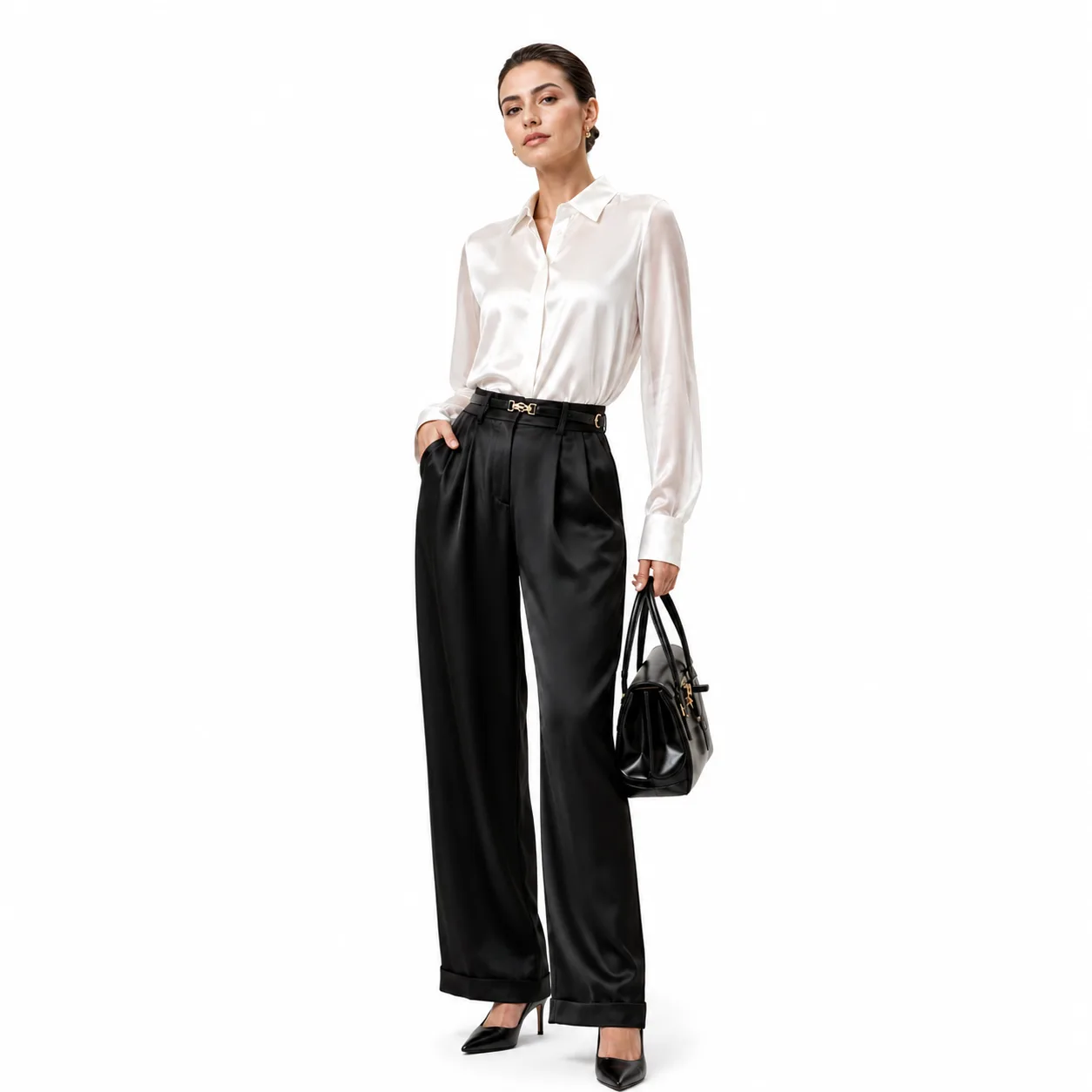 Private label ivory silk satin shirt with sheer long sleeves and structured collar styled for luxury workwear brand development